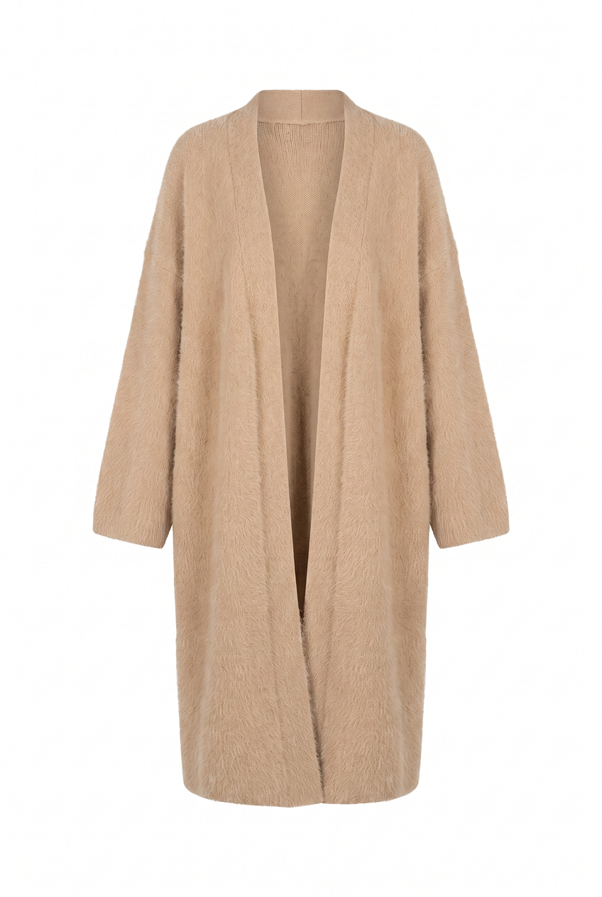 Kovelle longline fluffy cardigan in camel, flat product view showing the full garment