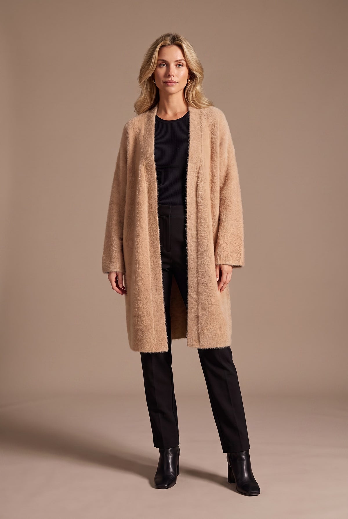 Kovelle longline fluffy cardigan in camel, front view on model