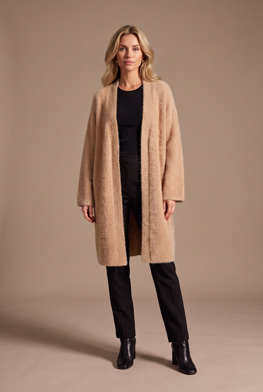 Kovelle longline fluffy cardigan in camel, front view on model