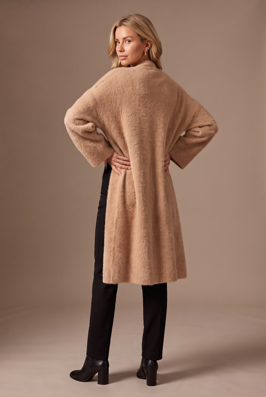 Kovelle longline fluffy cardigan in camel, back view on model