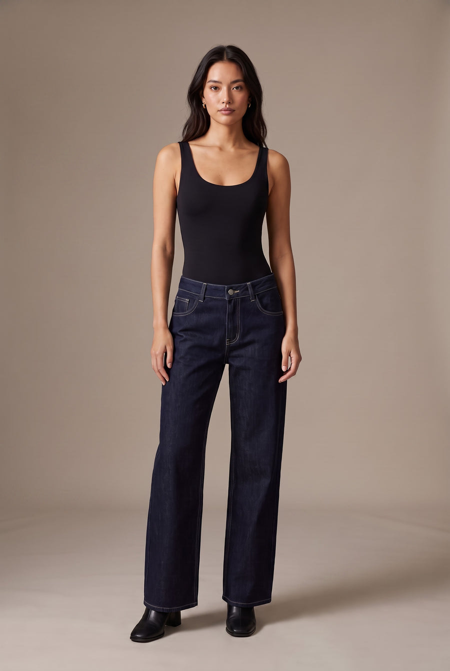 Kovelle low-rise wide leg jeans in indigo, front view on model