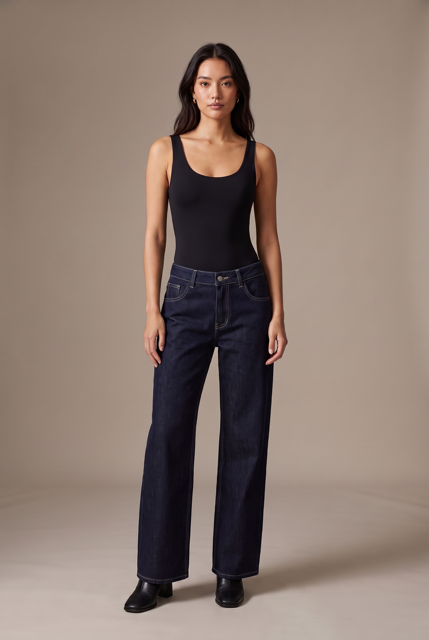 Kovelle low-rise wide leg jeans in indigo, front view on model