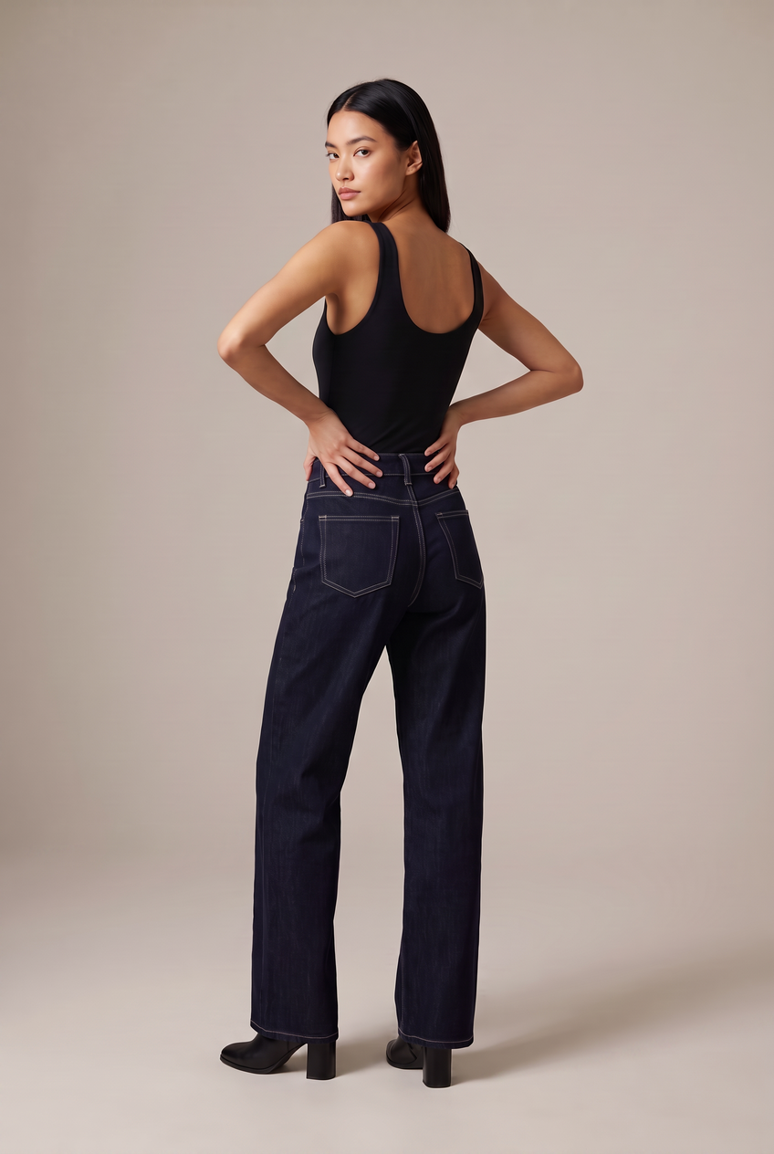 Kovelle low-rise wide leg jeans in indigo, back view on model