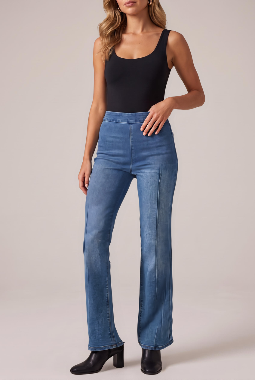 Kovelle mid-rise straight leg jeans in mid blue, close-up detail on model