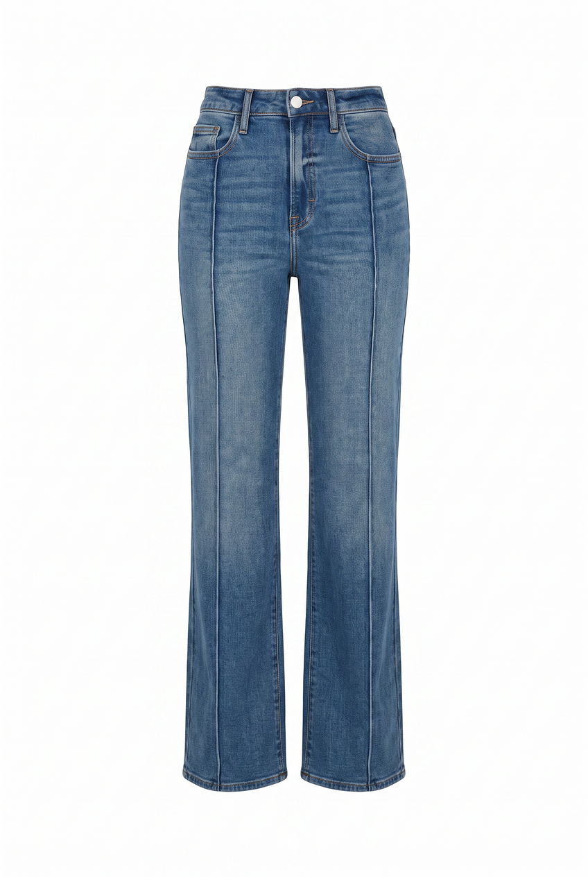 Kovelle mid-rise straight leg jeans in mid blue, flat product view showing the full garment