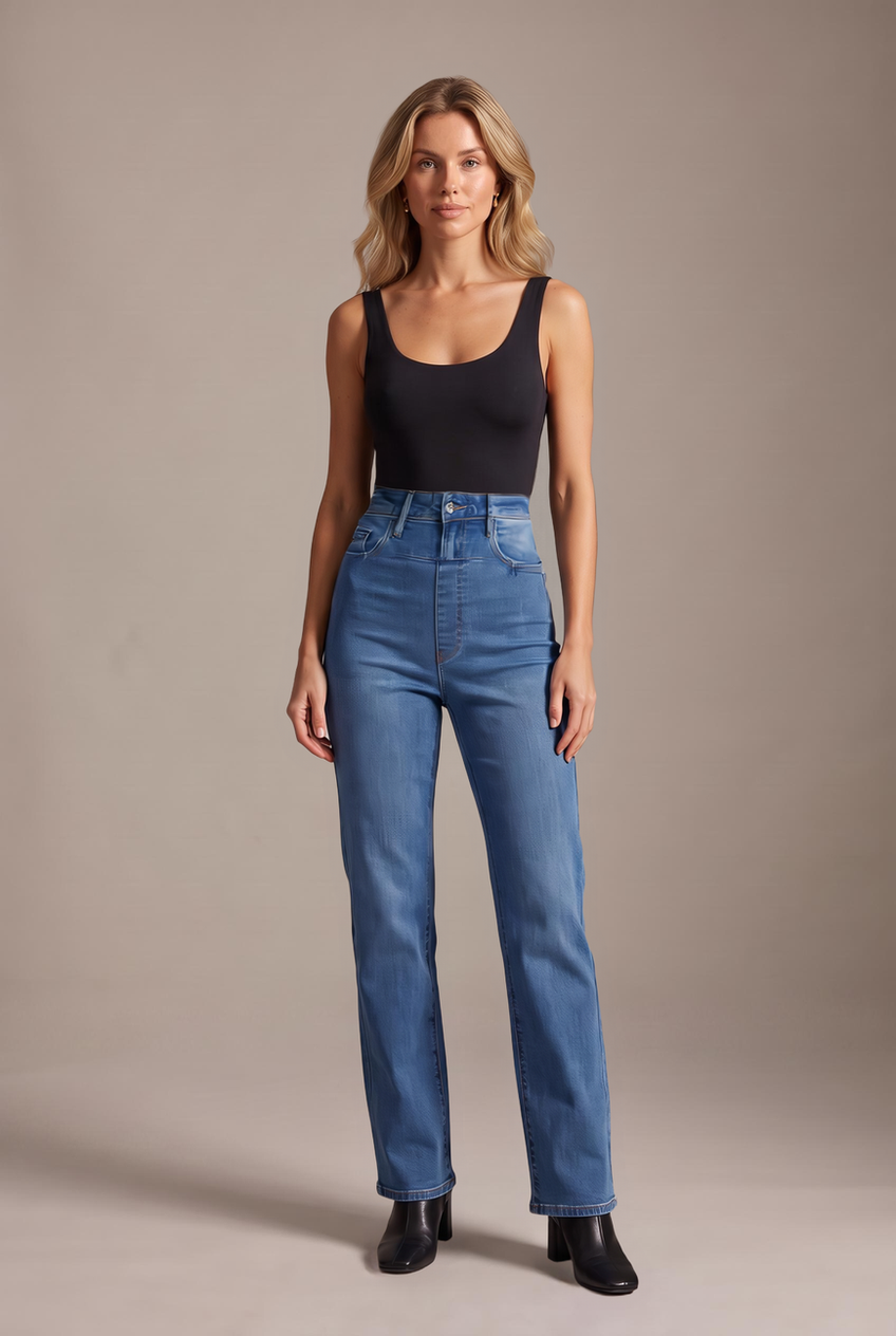 Kovelle mid-rise straight leg jeans in mid blue, front view on model