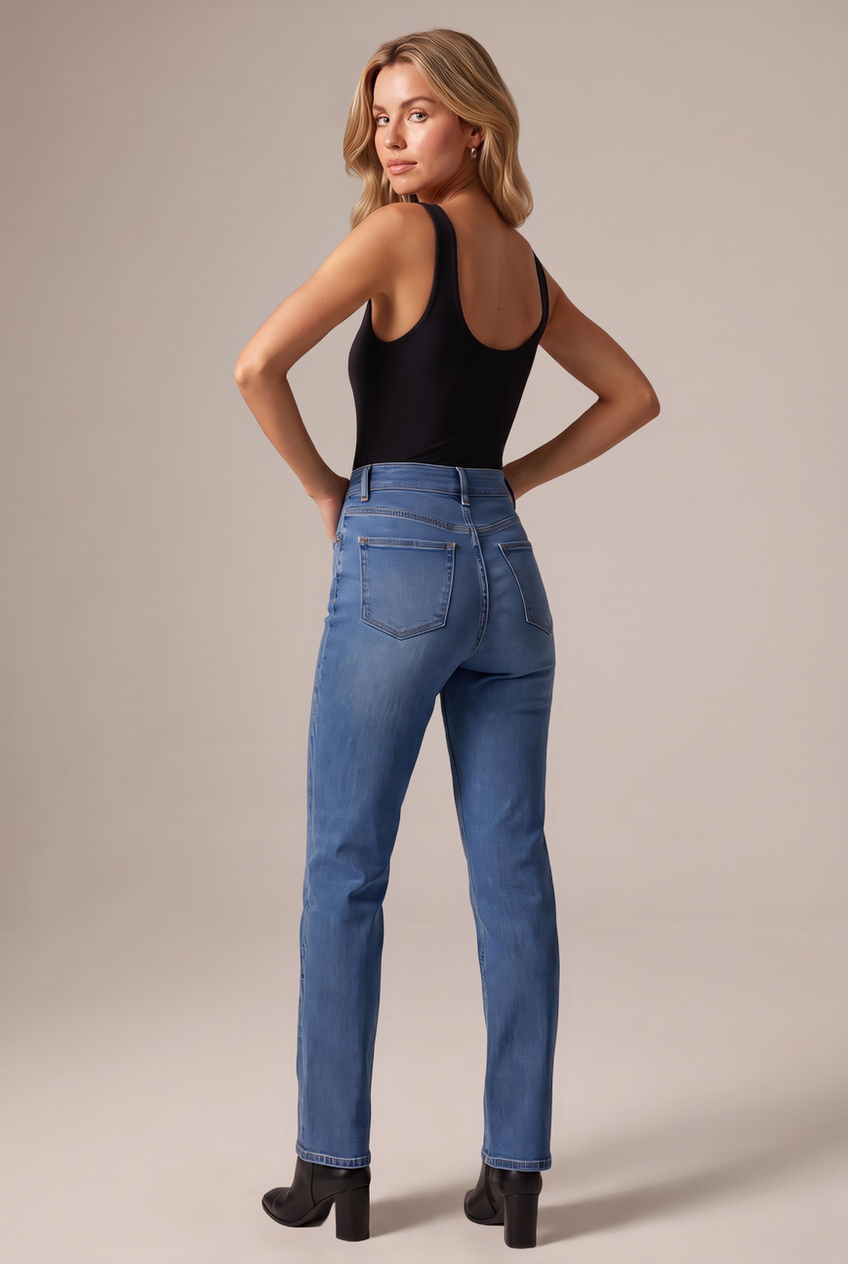 Kovelle mid-rise straight leg jeans in mid blue, back view on model