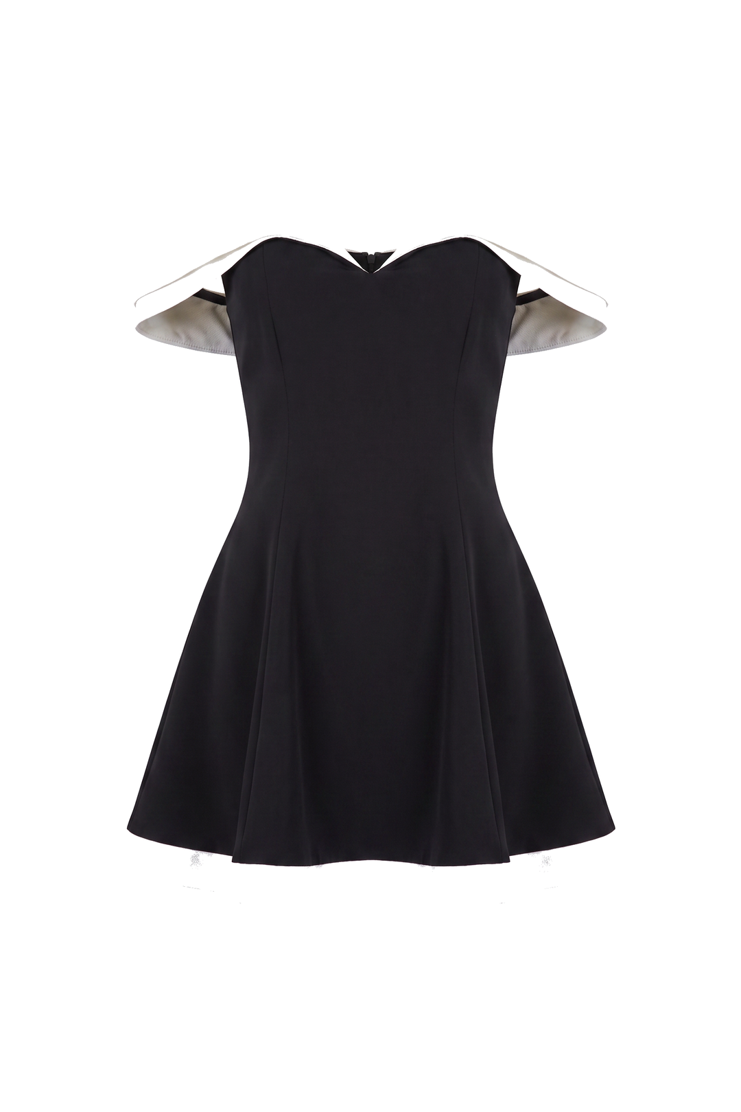 The Kovelle Off Shoulder Contrast Flare Mini Dress photographed on its own against a white background, showing the folded white off shoulder trim and white hem trim