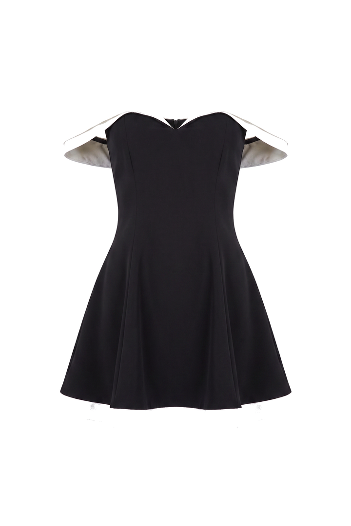 The Kovelle Off Shoulder Contrast Flare Mini Dress photographed on its own against a white background, showing the folded white off shoulder trim and white hem trim