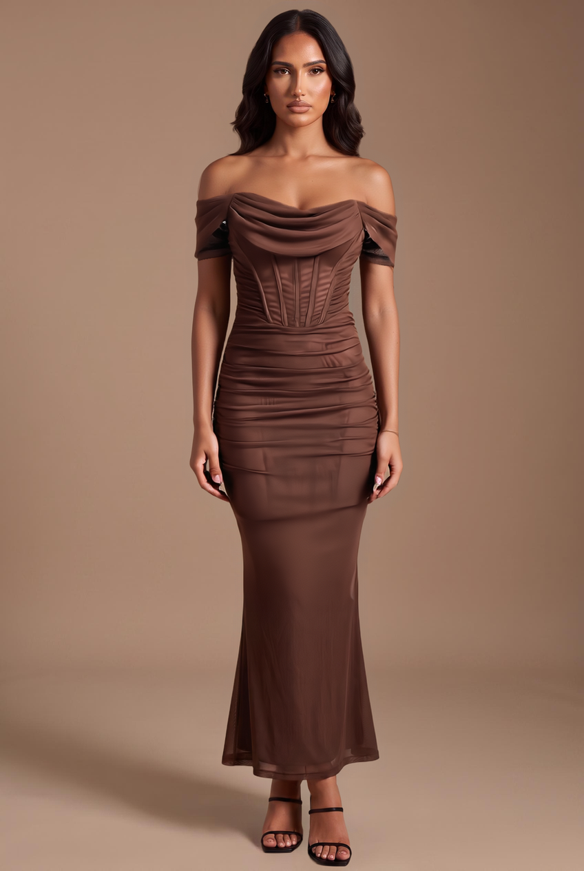 Kovelle off-shoulder corset maxi dress in chocolate, front view on model