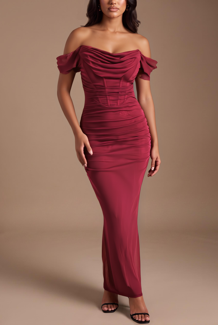 Kovelle off-shoulder corset maxi dress in burgundy, close-up detail on model