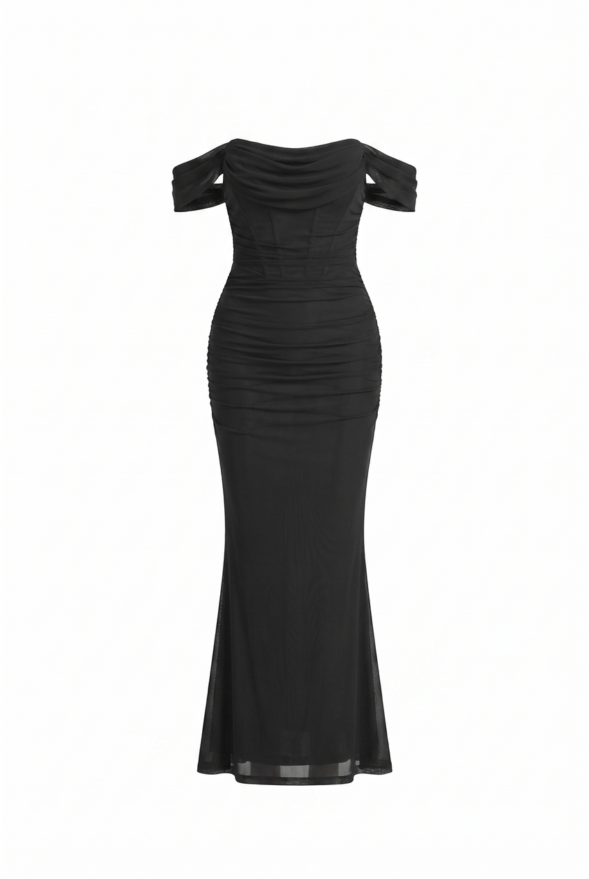 Kovelle off-shoulder corset maxi dress in black, flat product view