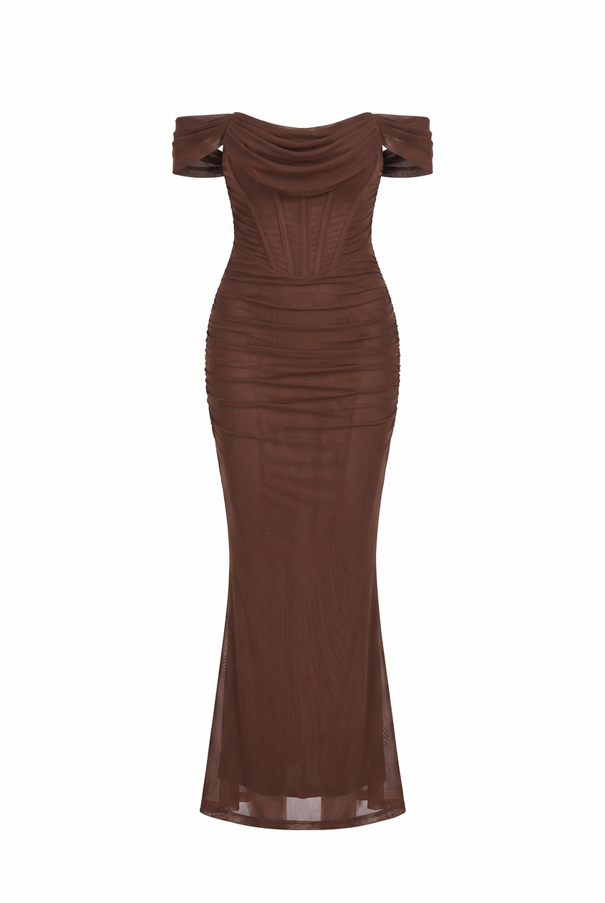 Kovelle off-shoulder corset maxi dress in chocolate, flat product view