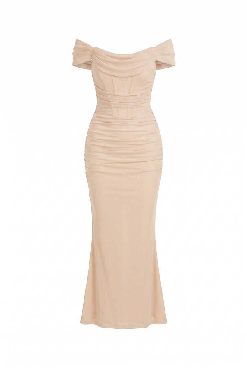 Kovelle off-shoulder corset maxi dress in nude, flat product view