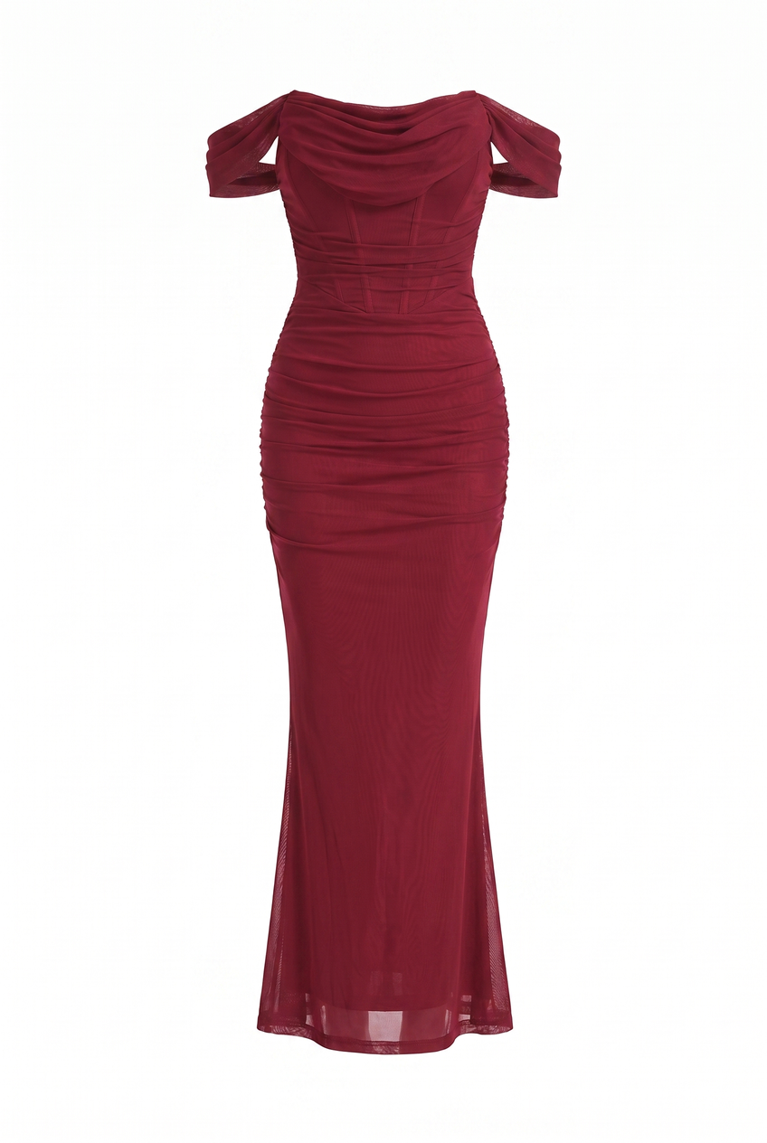 Kovelle off-shoulder corset maxi dress in burgundy, flat product view showing the full garment