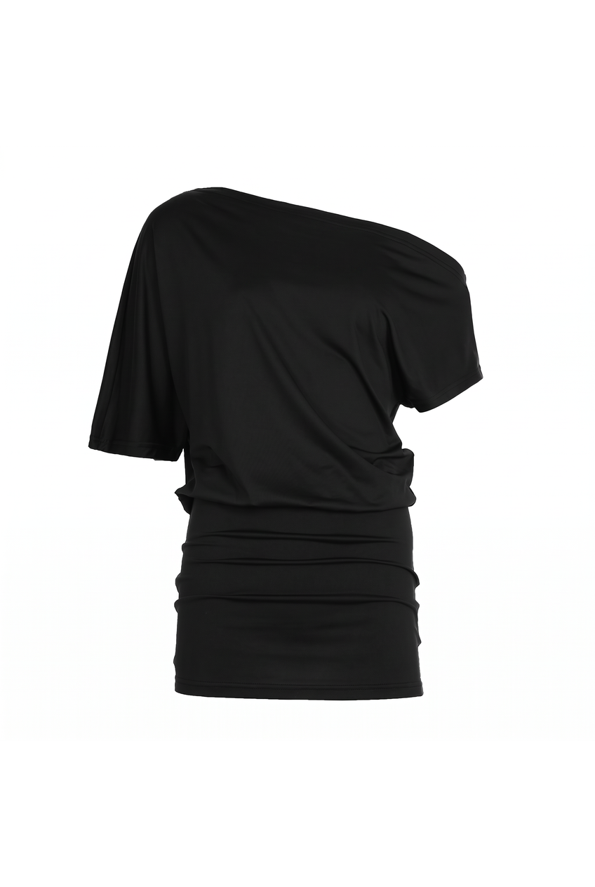 Kovelle off shoulder drape mini dress in black, flat product view showing the full garment