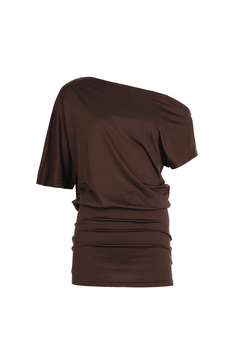 Kovelle off shoulder drape mini dress in chocolate, flat product view