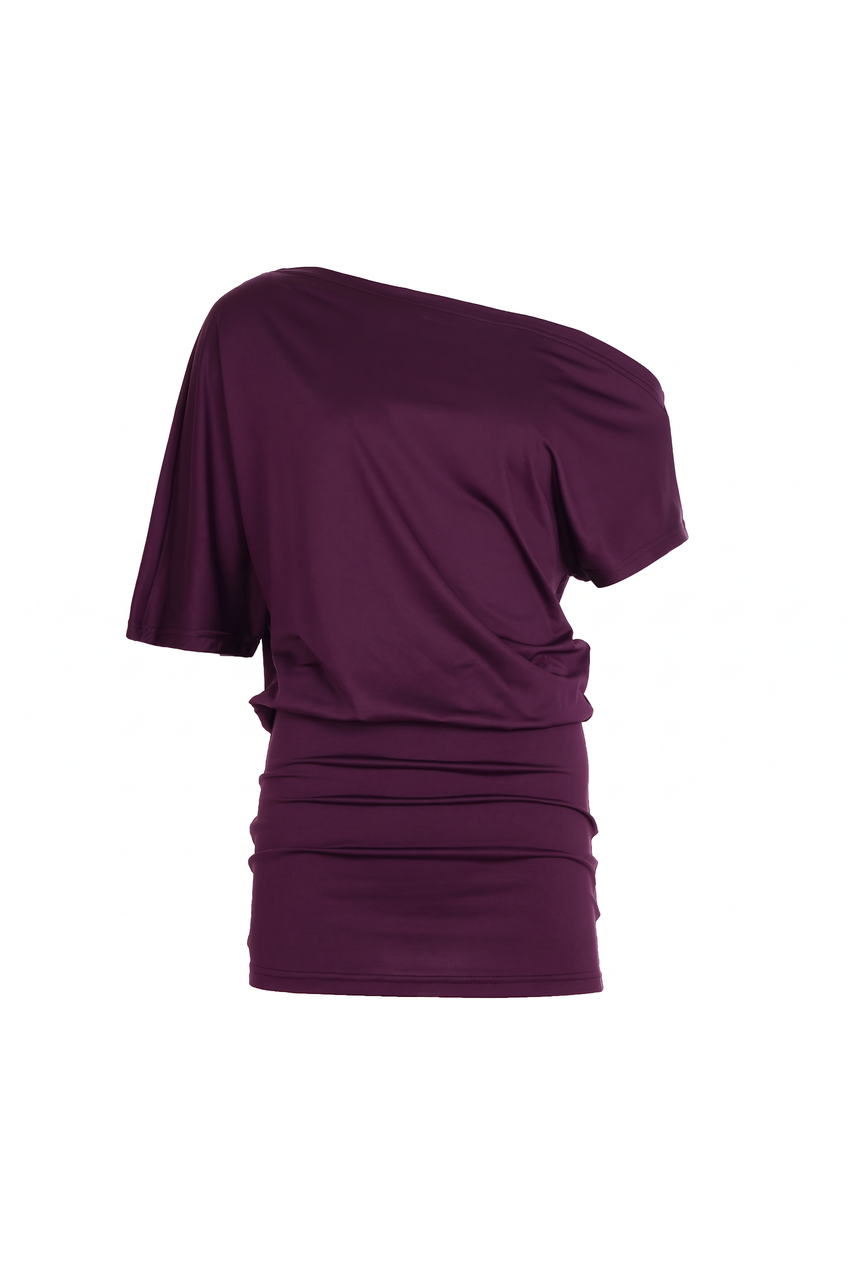 Kovelle off shoulder drape mini dress in plum, flat product view