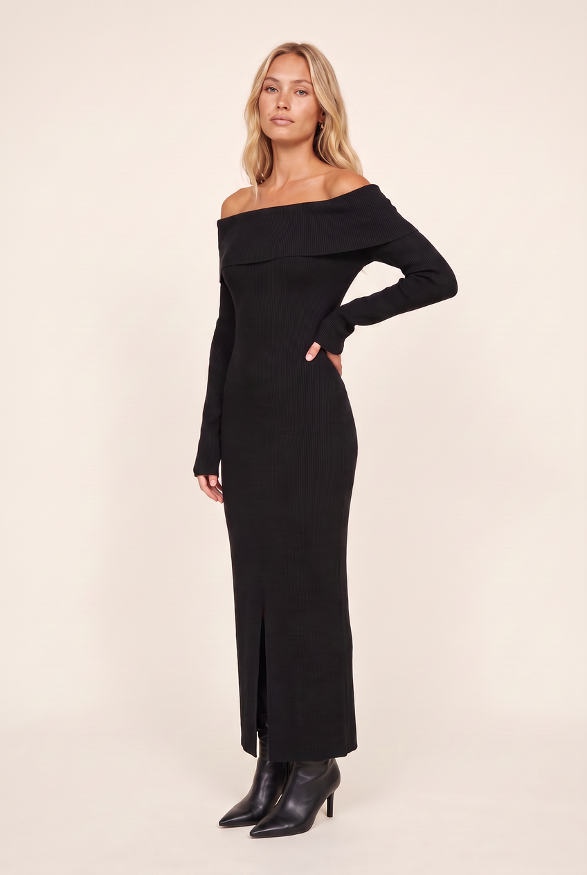 Kovelle off-shoulder knit maxi dress in black, front view on model