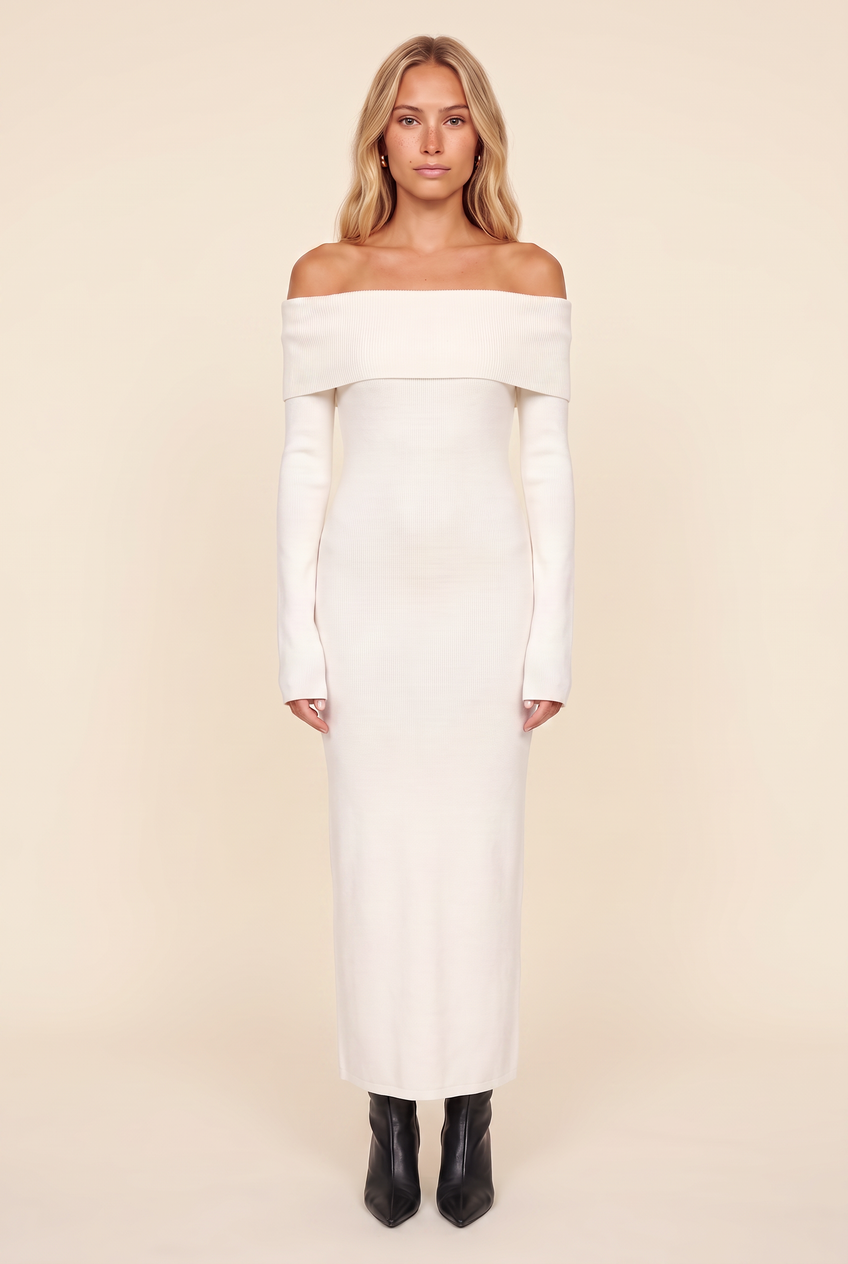 Kovelle off-shoulder knit maxi dress in white, front view on model