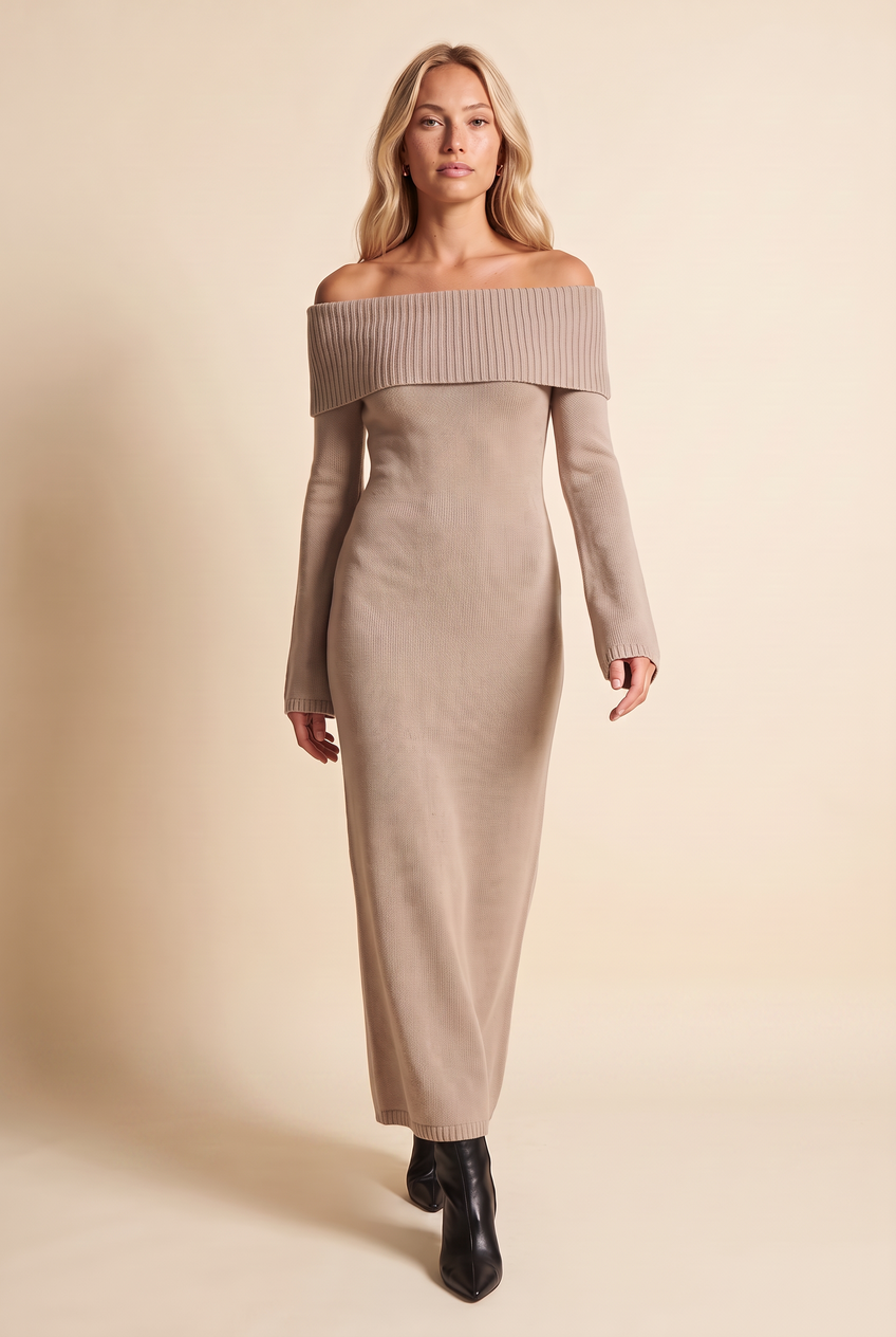 Kovelle off-shoulder knit maxi dress in taupe, walking, full length on model