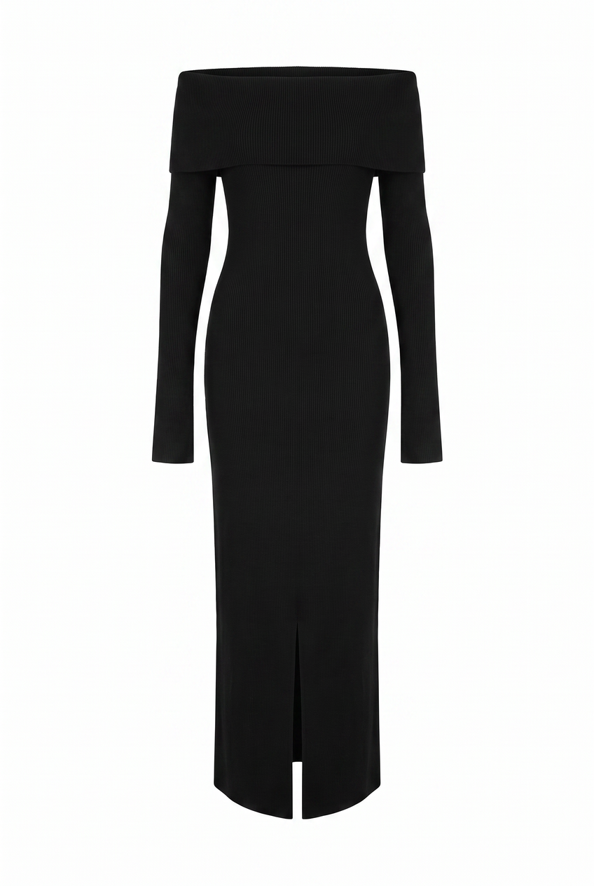 Kovelle off-shoulder knit maxi dress in black, flat product view