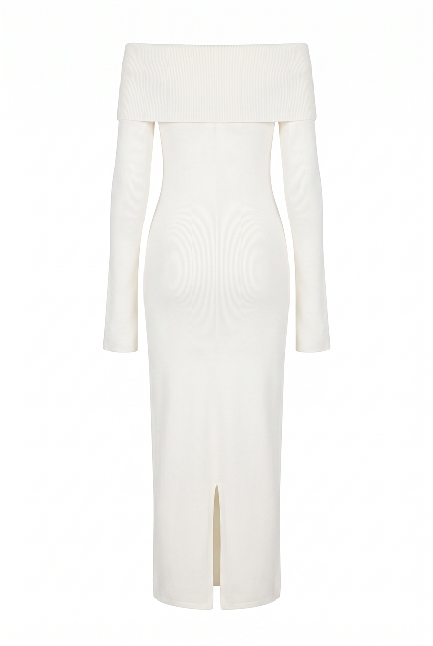 Kovelle off-shoulder knit maxi dress in white, flat product view