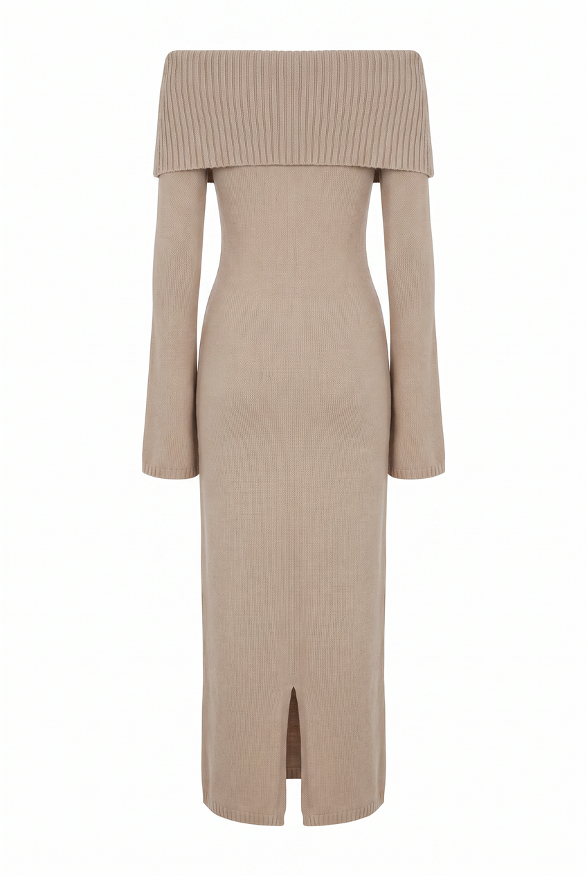 Kovelle off-shoulder knit maxi dress in taupe, flat product view showing the full garment