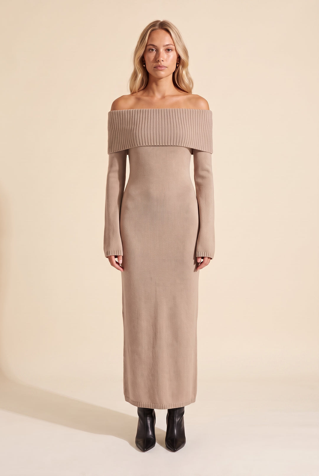 Kovelle off-shoulder knit maxi dress in taupe, front view on model