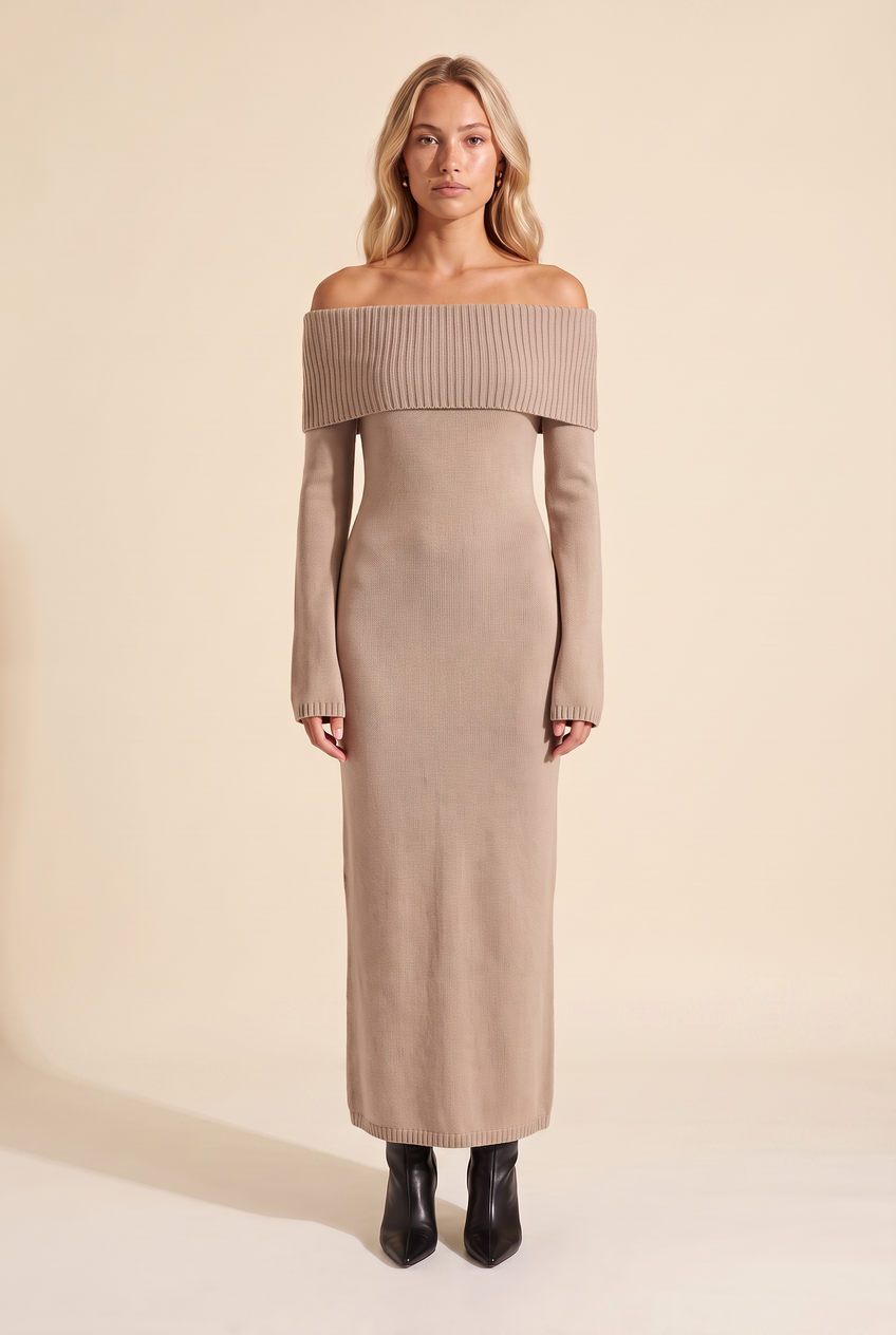Kovelle off-shoulder knit maxi dress in taupe, front view on model
