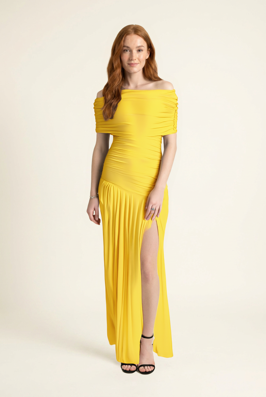 Kovelle off shoulder ruched maxi dress in yellow, fold-over neckline, front view on model