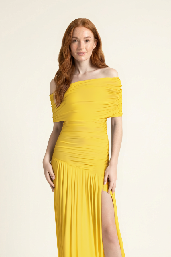 Kovelle off shoulder ruched maxi dress in yellow, neckline close up on model