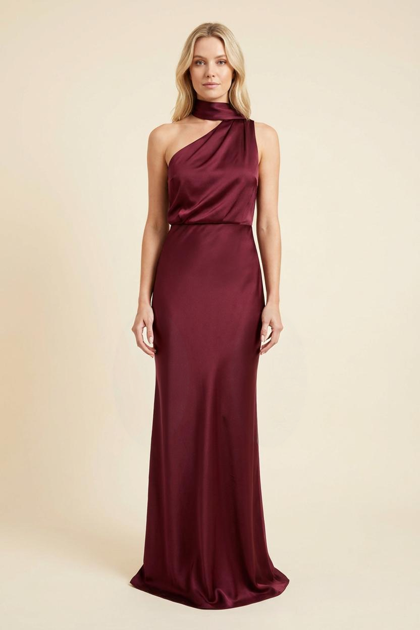 Kovelle one-shoulder satin scarf maxi dress in burgundy, scarf-tie neckline, front, on model