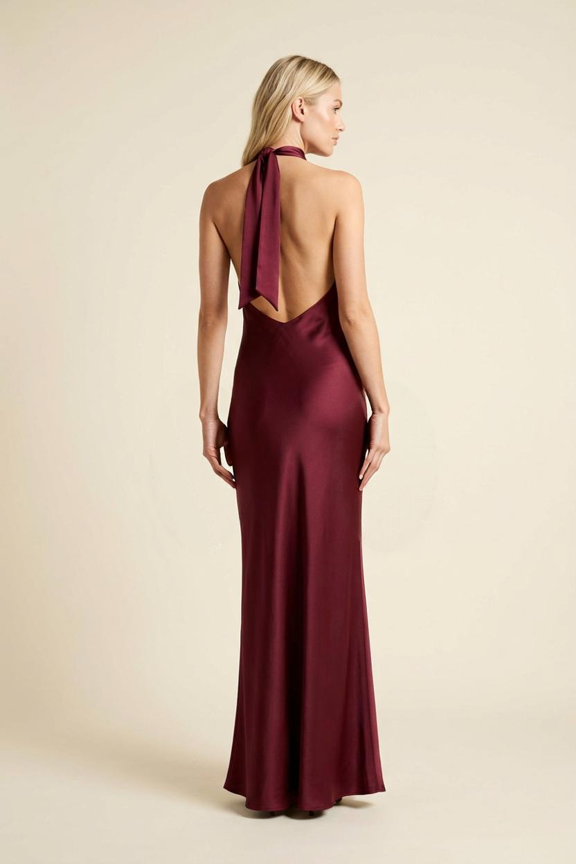 Kovelle one-shoulder satin scarf maxi dress in burgundy, open low back, on model