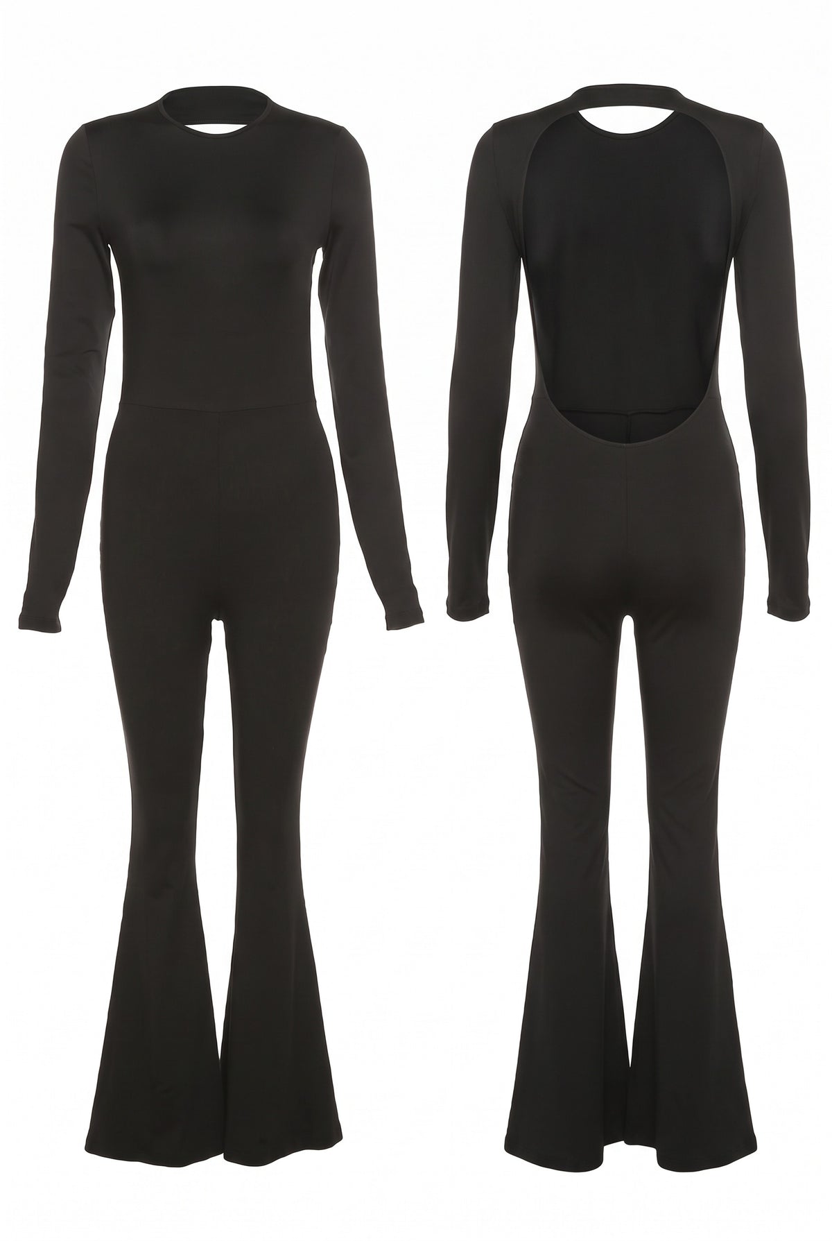 Kovelle open back flared jumpsuit in black, flat product view showing the full garment
