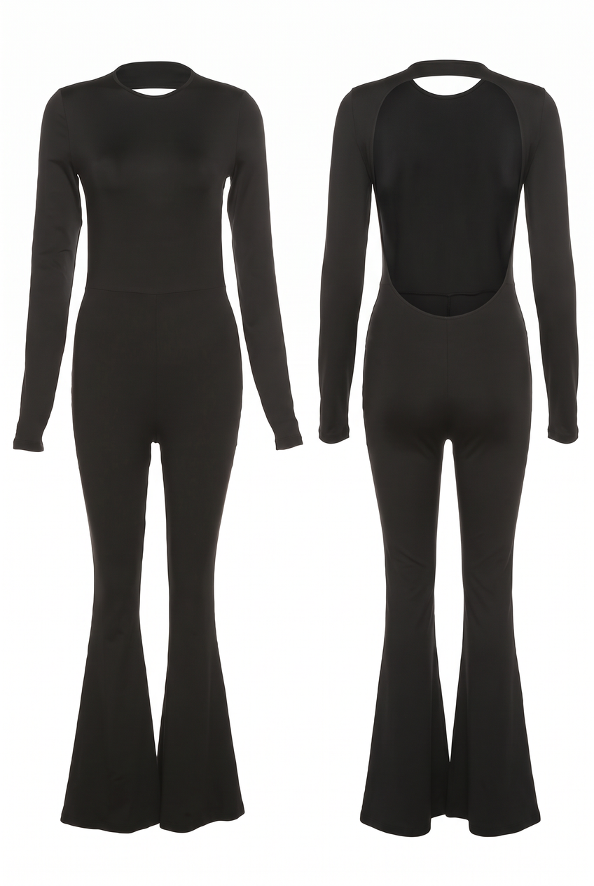 Kovelle open back flared jumpsuit in black, flat product view showing the full garment