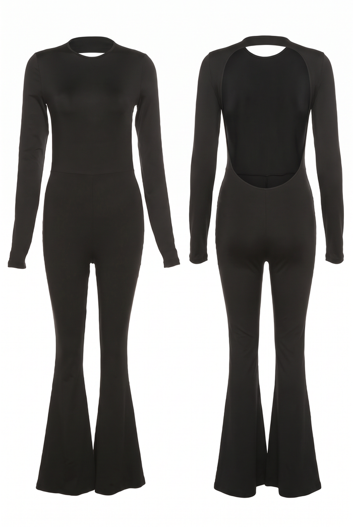 Kovelle open back flared jumpsuit in black, flat product view showing the full garment