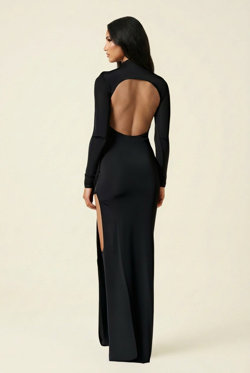 Kovelle open-back high-slit maxi dress in black, open back view, on model