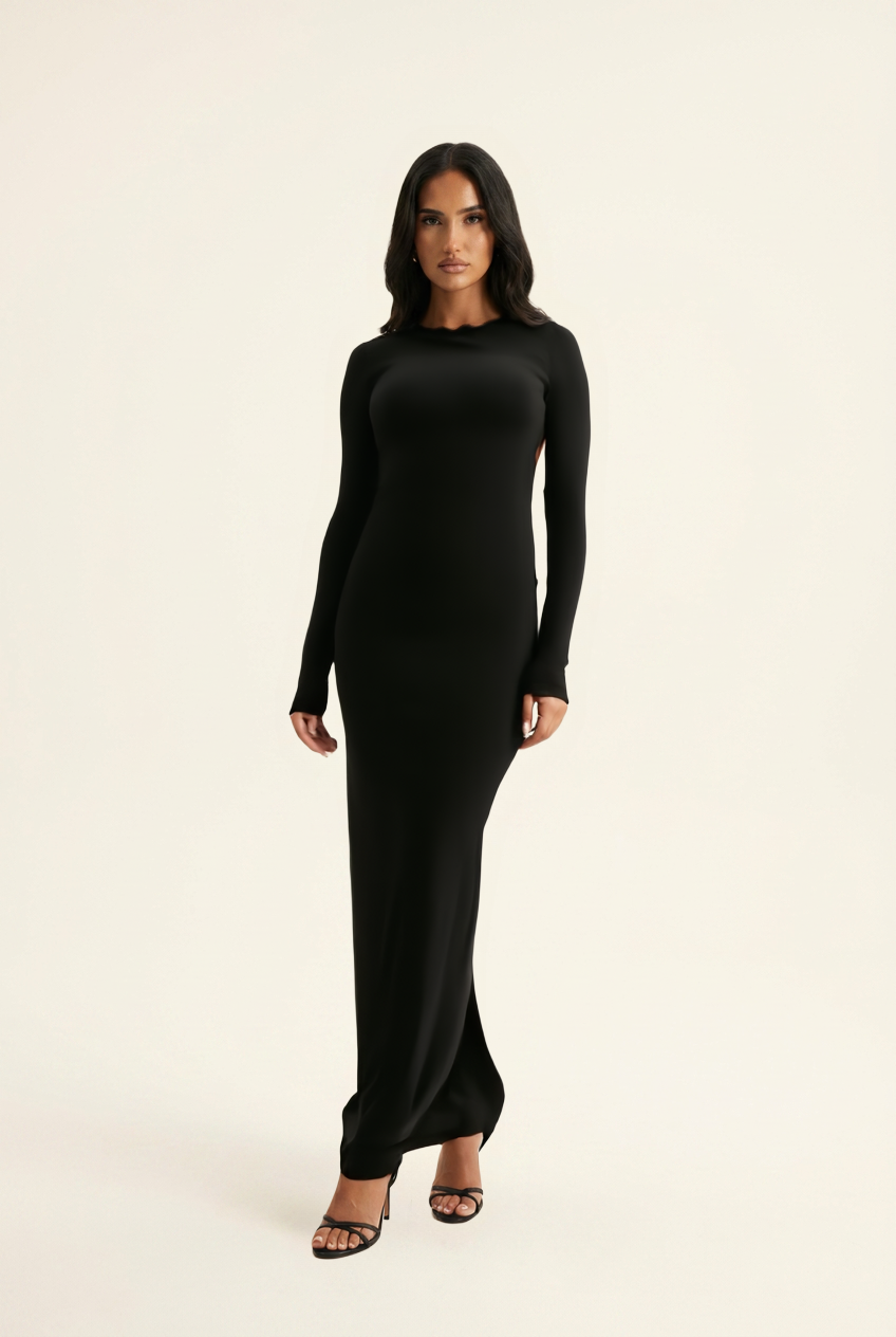 Kovelle open-back high-slit maxi dress in black, high neck long sleeves, on model, front
