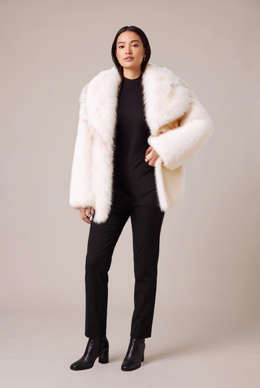 Kovelle oversized faux fur jacket in cream, front view on model