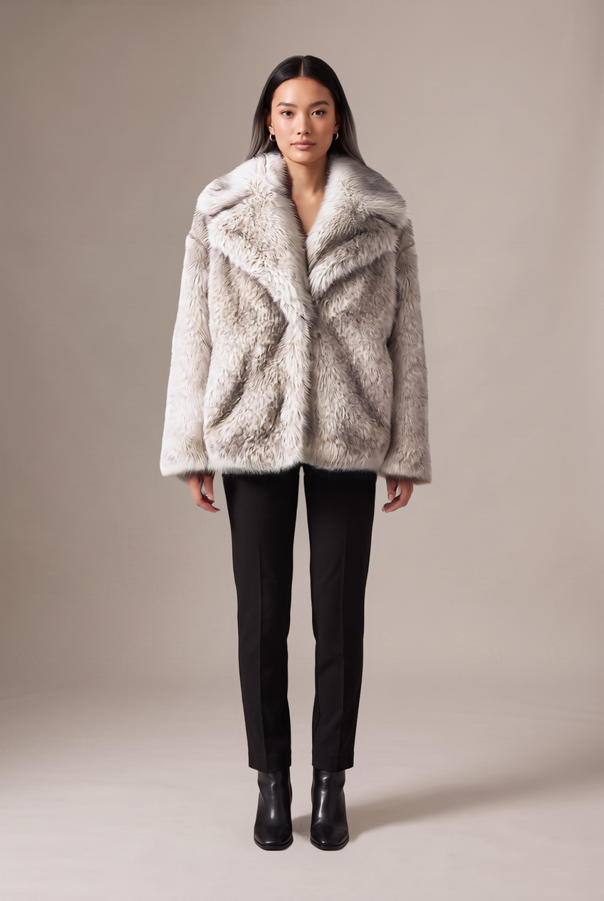 Kovelle oversized faux fur jacket in grey, front view on model
