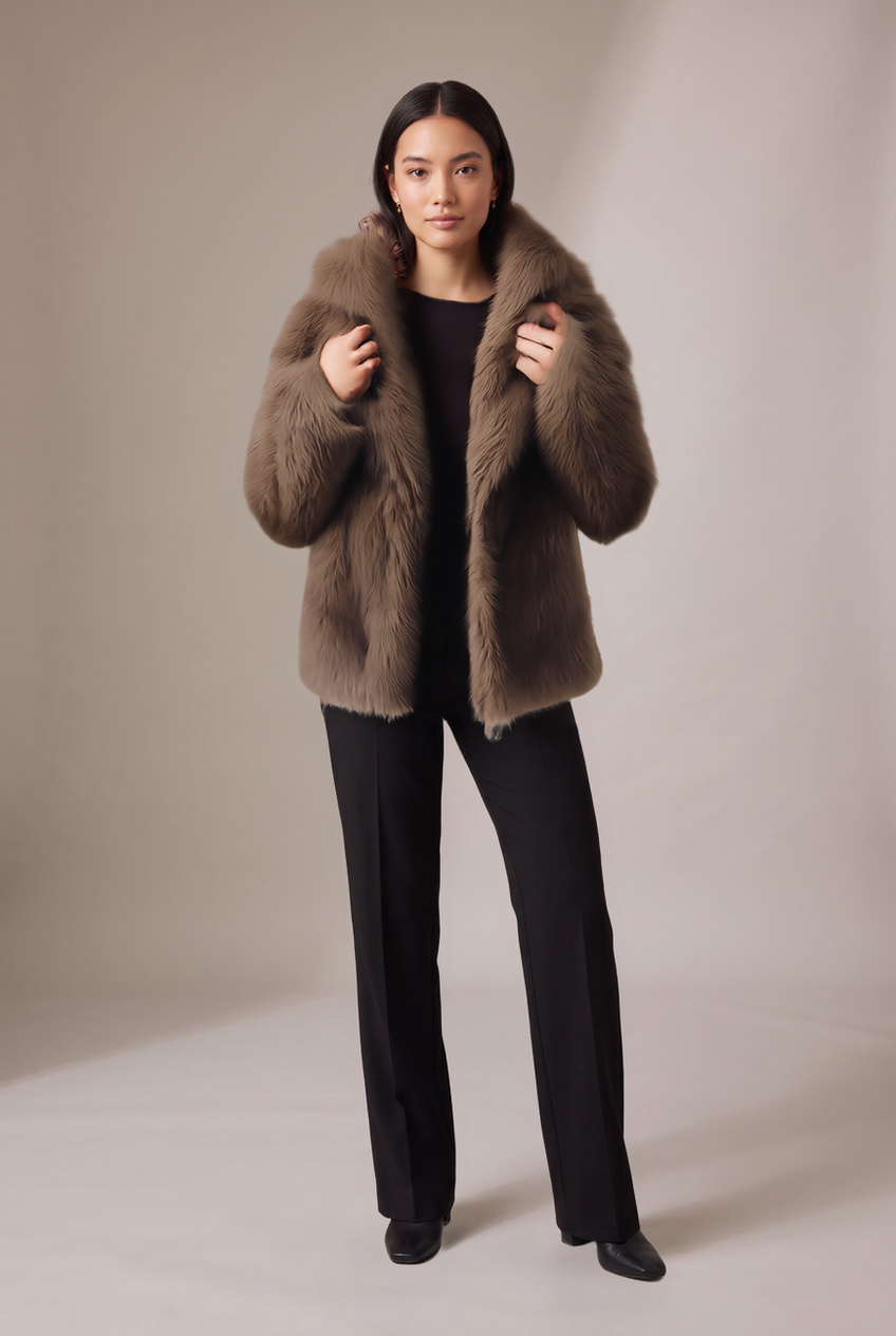 Kovelle oversized faux fur jacket in chocolate, close-up detail on model
