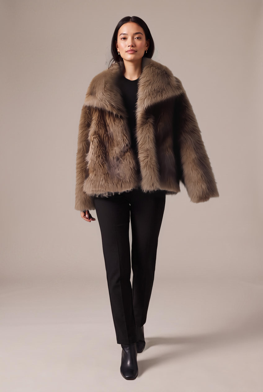 Kovelle oversized faux fur jacket in chocolate, walking, full length on model