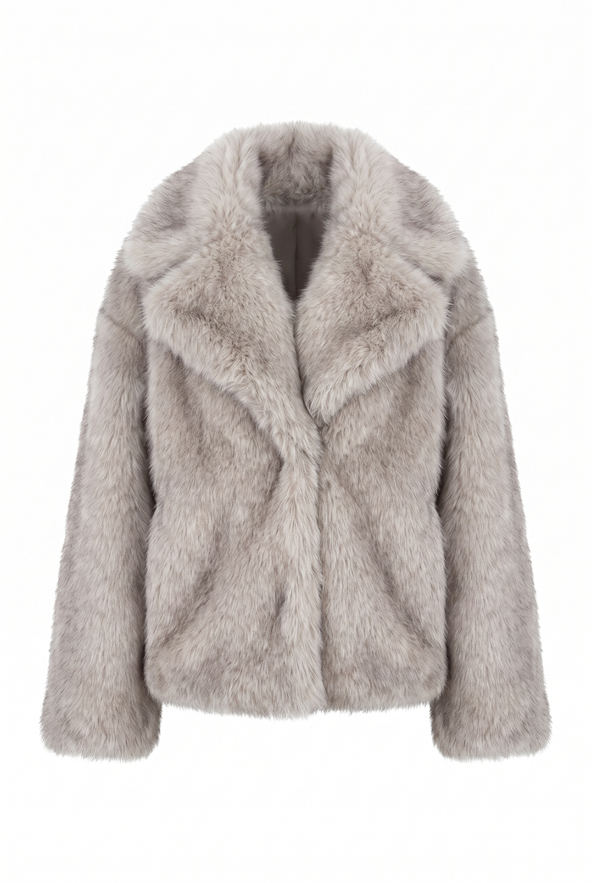 Kovelle oversized faux fur jacket in grey, flat product view