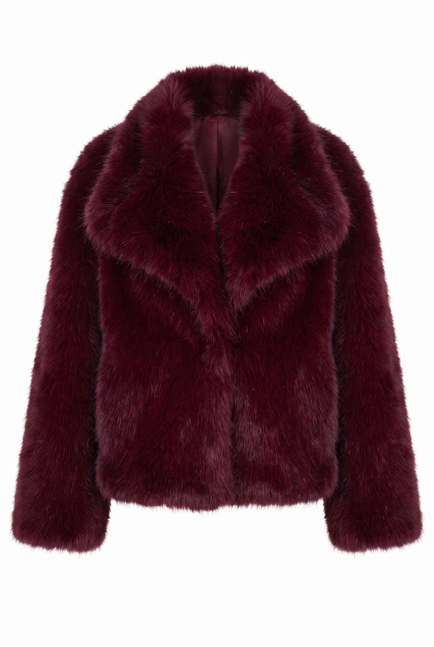 Kovelle oversized faux fur jacket in burgundy, flat product view