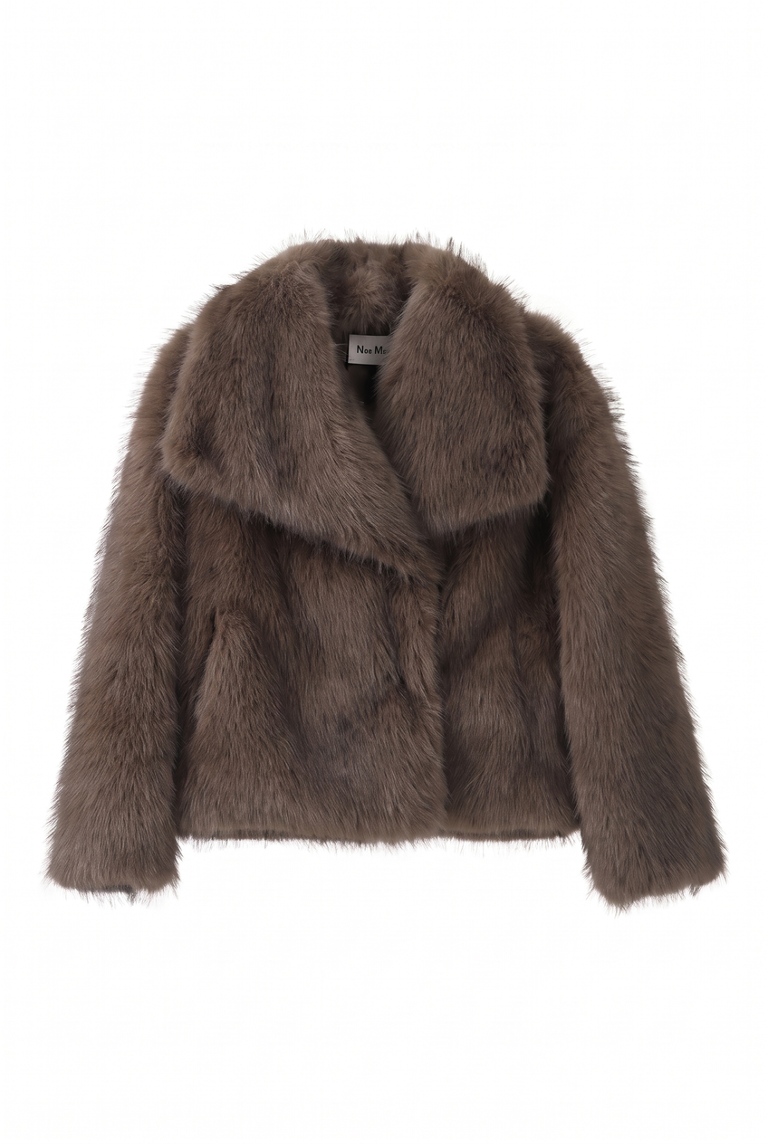 Kovelle oversized faux fur jacket in chocolate, flat product view showing the full garment