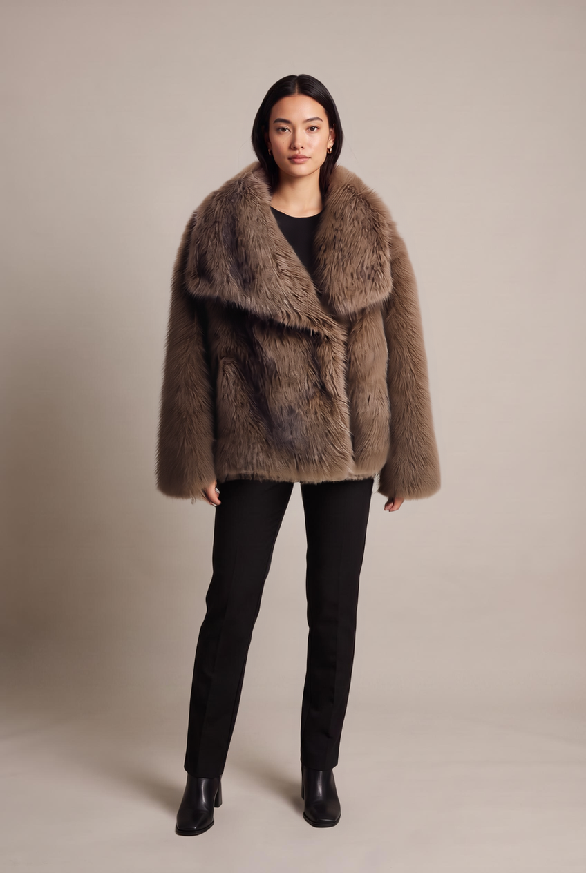 Kovelle oversized faux fur jacket in chocolate, front view on model
