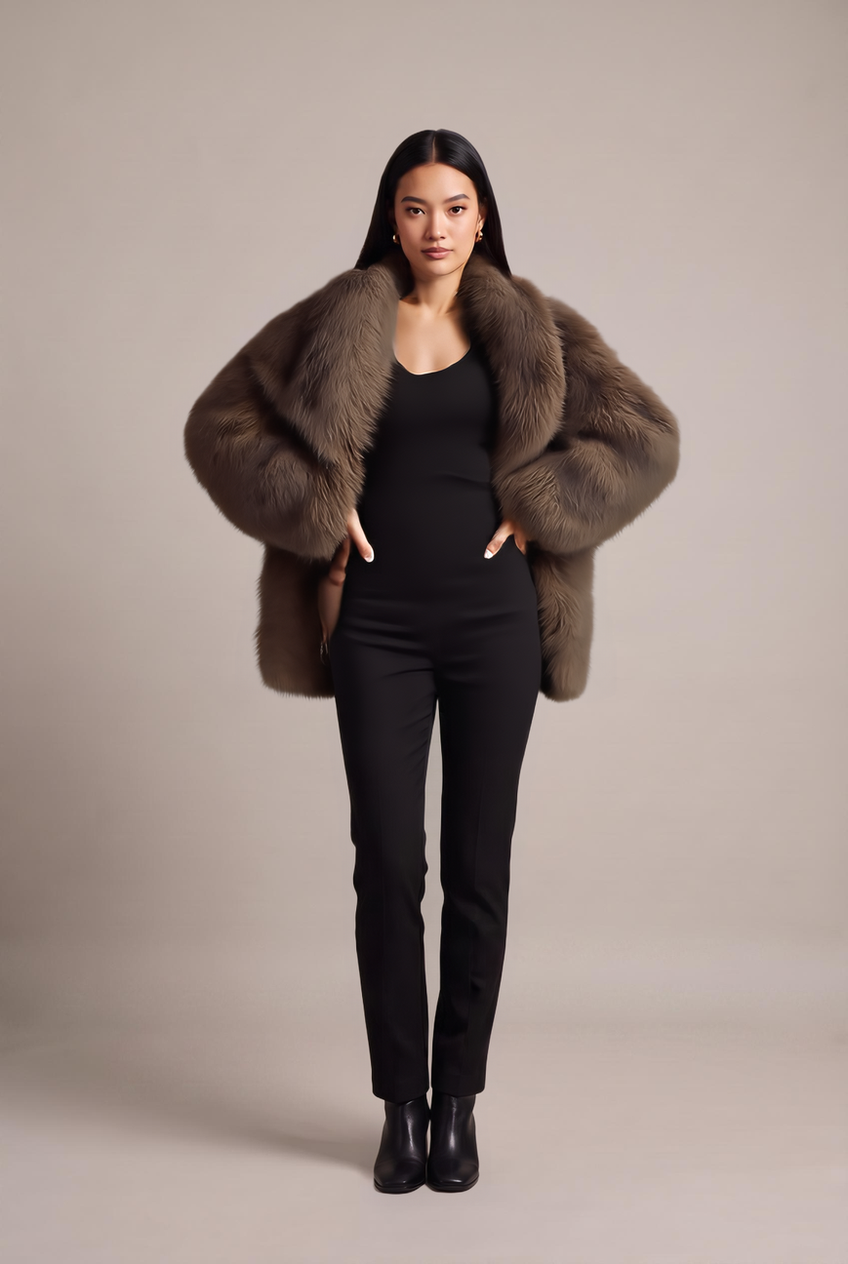 Kovelle oversized faux fur jacket in chocolate, back view on model