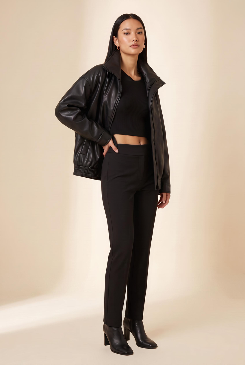Kovelle oversized faux leather jacket in black, front view on model