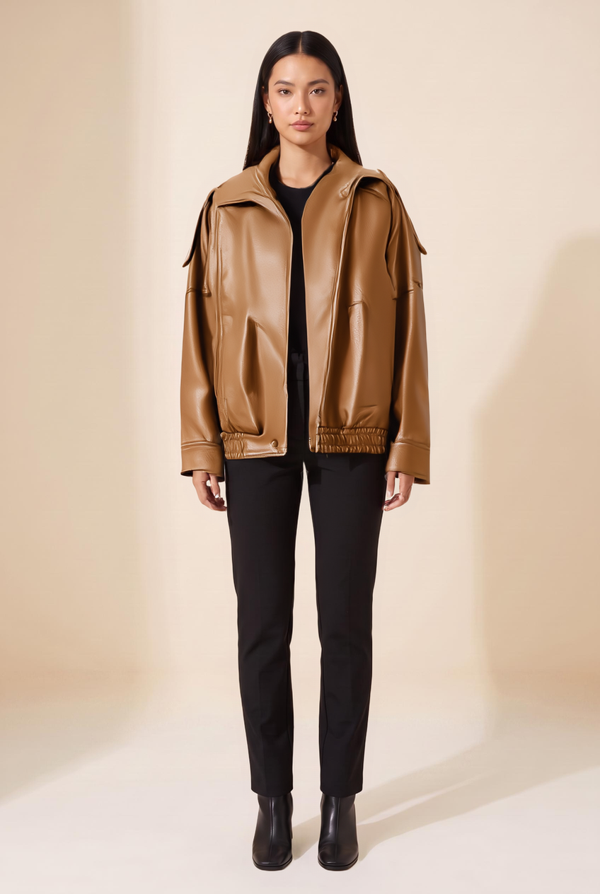 Kovelle oversized faux leather jacket in camel, front view on model